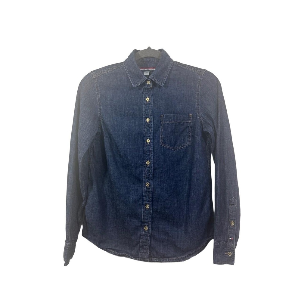 TOMMY HILFIGER Womens Size XXSmall Petite Dark Blue Denim Button Up Long Sleeve